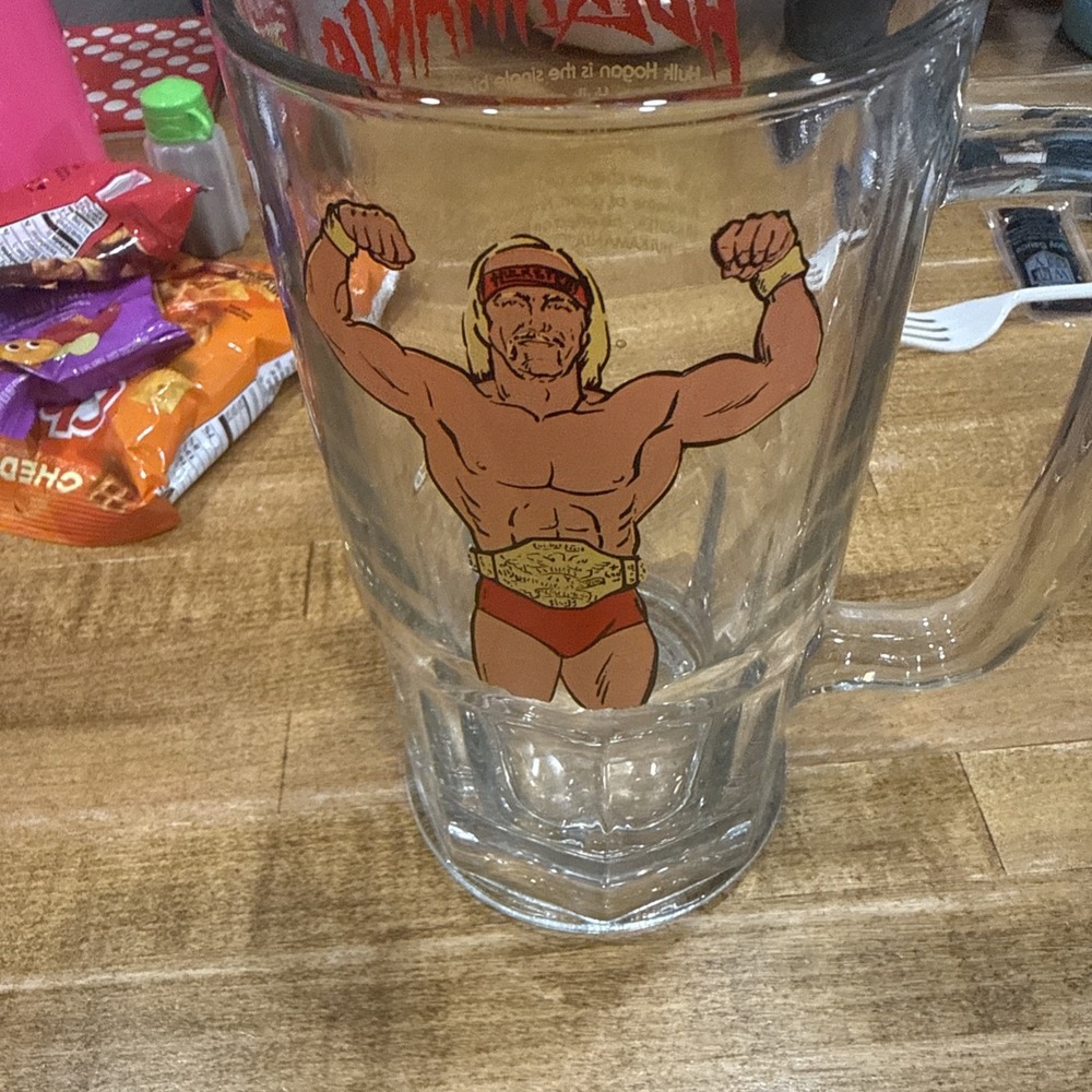 WWF WWE Hulk Hogan HULKAMANIA 1985 Vntg Large Glass Beer Mug 32oz Titan Sports